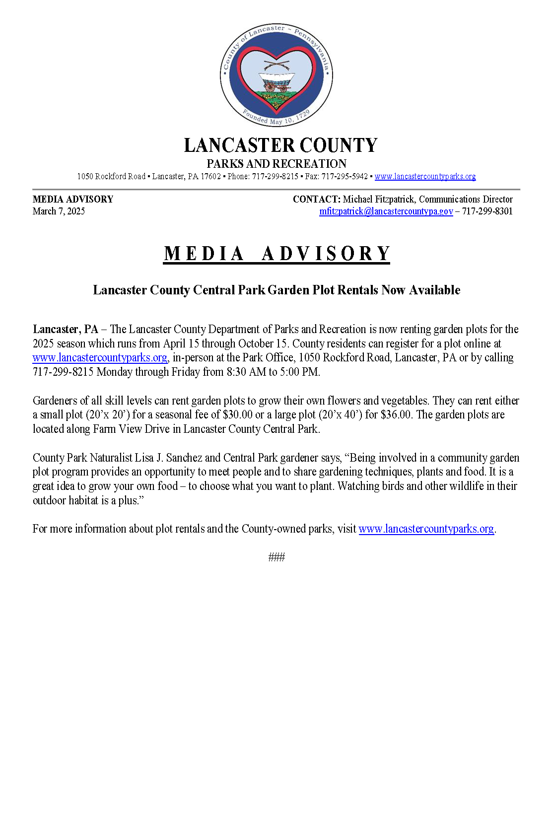 Media Advisory - 2025 Garden Plots