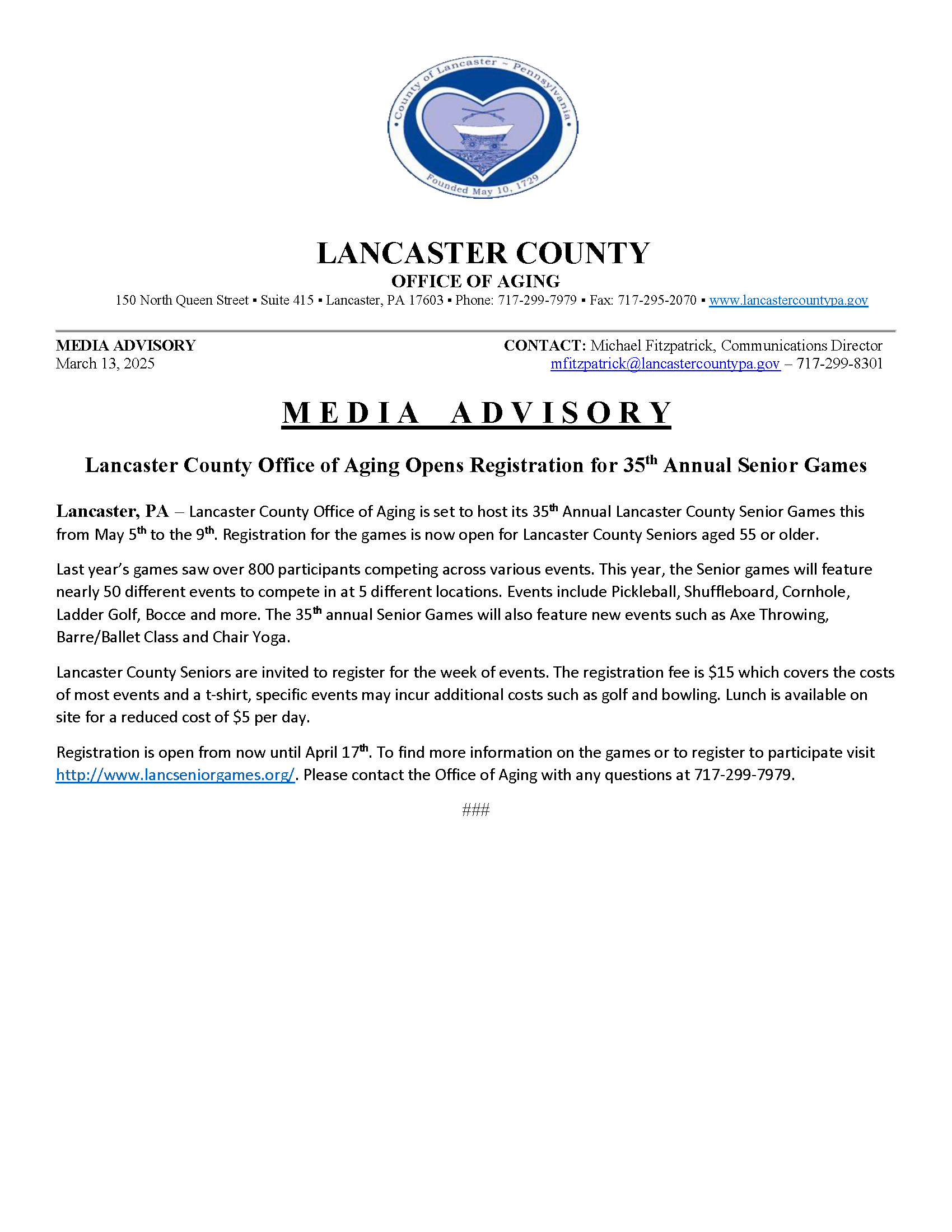 Media Advisory - Lancaster Senior Games 2025