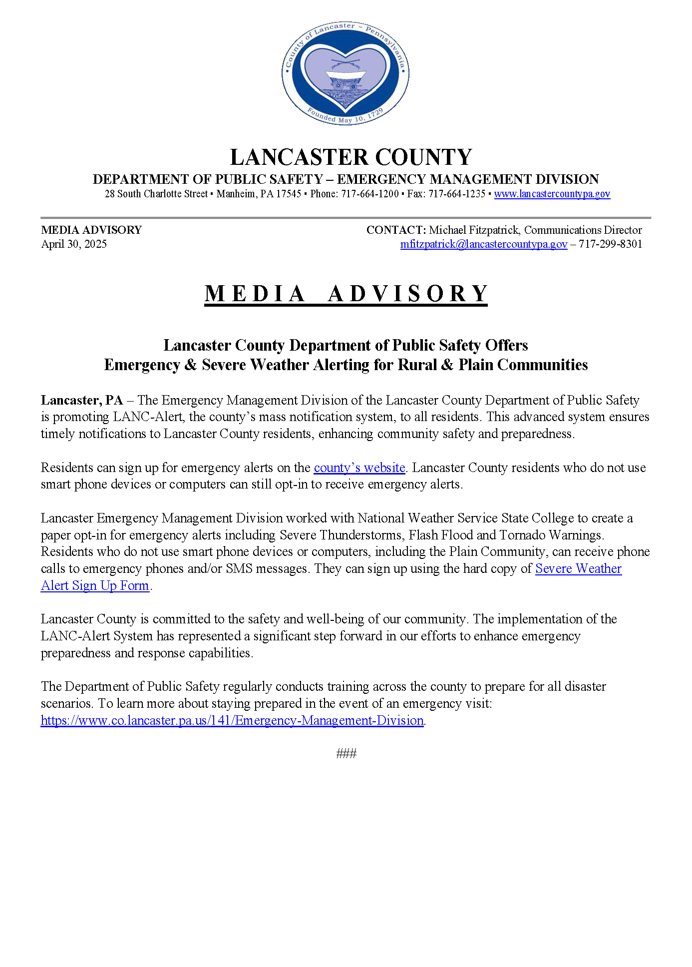 Media Advisory - Mass Alerting System