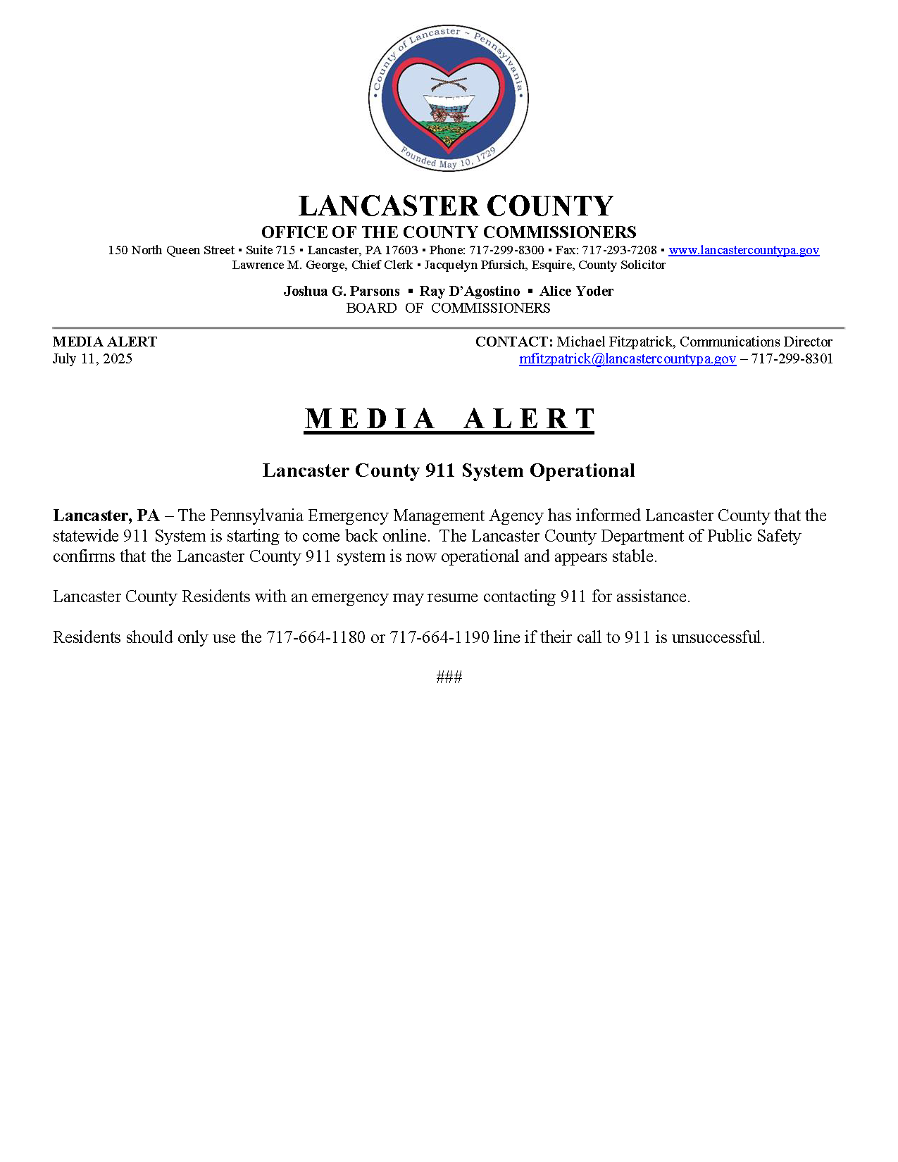Media Alert - Lancaster County 911 System Operational