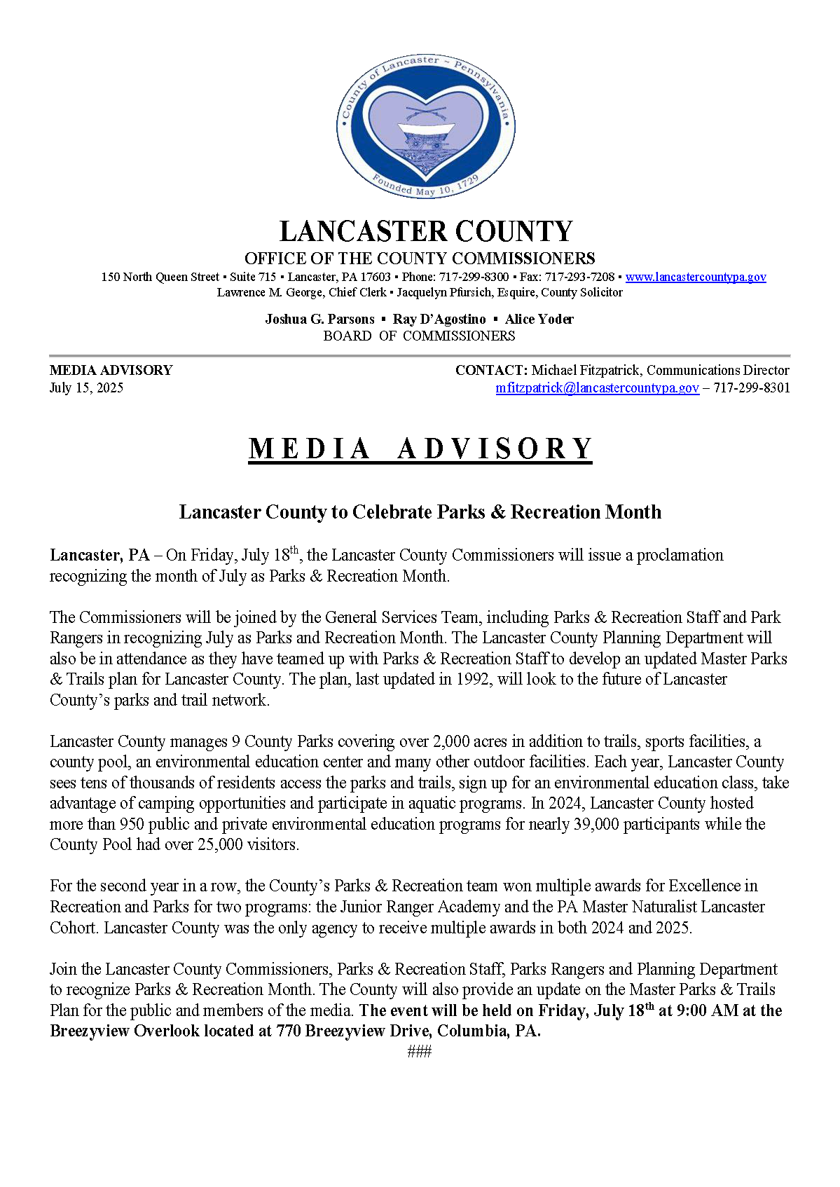 Media Advisory - Parks Recreation Month 2025